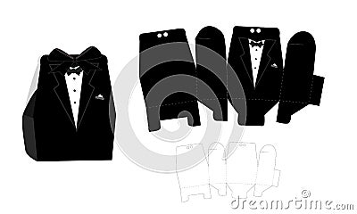 Groom candy die box. Vector diy box template. Tuxedo - wedding favor box. Vector Illustration