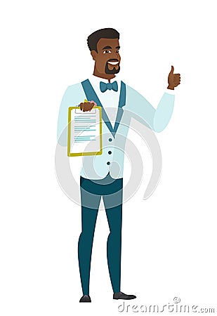 Groom with clipboard giving thumb up. Vector Illustration