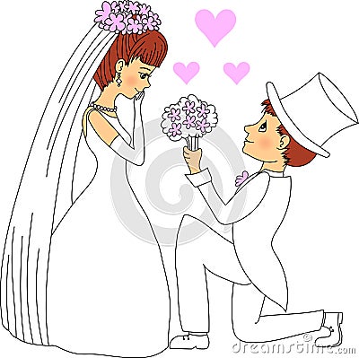 Groom giving flowers to bride. Vector Illustration