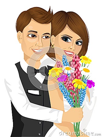 Groom giving his bride a bouquet of flowers Vector Illustration