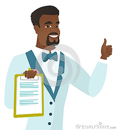 Groom holding clipboard and giving thumb up. Vector Illustration