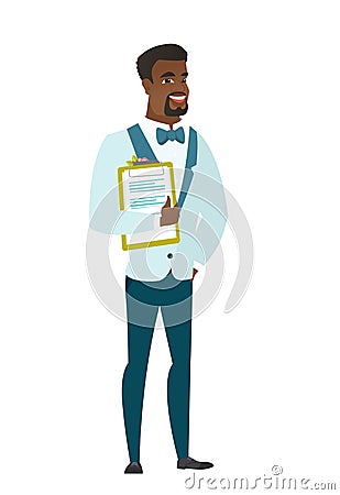 Groom holding clipboard with papers. Vector Illustration