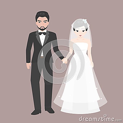 Groom holding hand with Bridge, lover couple in wedding costume concept Vector Illustration