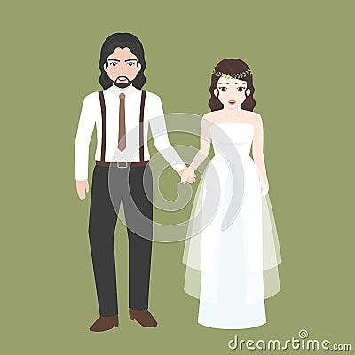 Groom holding hand with Bridge, lover couple in wedding costume concept Vector Illustration