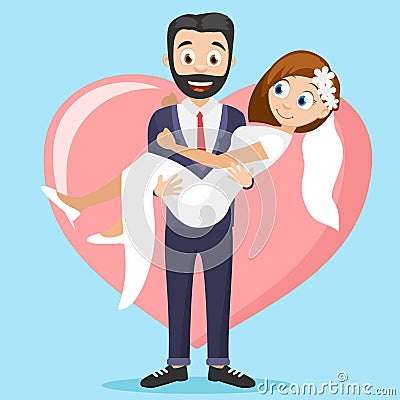 Groom holds the bride in his arms against the background of a big heart. Vector Illustration