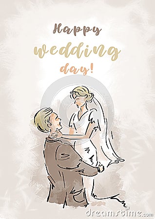 The groom holds the bride in his arms. Watercolor Greeting card with a wedding day Cartoon Illustration