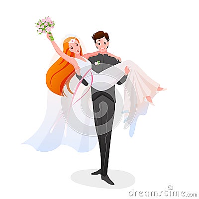 Groom holds the bride in his hands, happy couple. Cartoon bearded man character in suit and happy woman in fashionable Vector Illustration