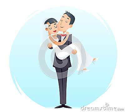 Groom Holds Cute Bride on Arms Vintage Happy Smiling Male Female Wedding Marriage Symbol Icon Retro Cartoon Design Vector Illustration