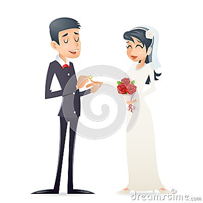 Groom Holds Cute Bride on Arms Vintage Happy Smiling Male Female Wedding Marriage Symbol Icon Retro Cartoon Design Vector Illustration
