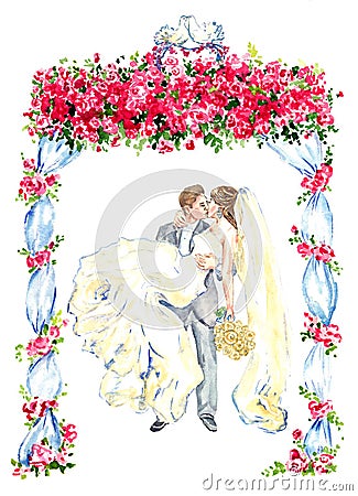 The groom holds his bride in his arms and kisses under gazebo decorated with red roses and two kissing pigeons on the top Cartoon Illustration