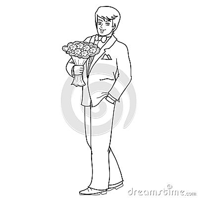 Groom holds in his hands a large bouquet of flowers, sketch, isolated object on a white background, vector illustration, Vector Illustration