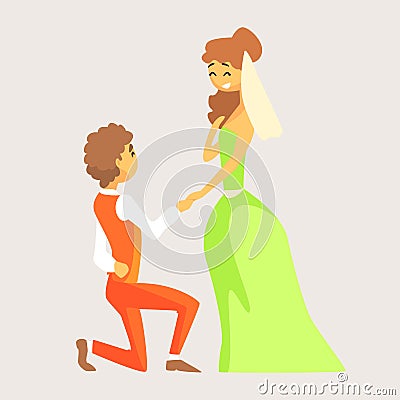 Groom kneels in front of his bride and holds her hand. Romantic couple colorful cartoon character Vector Illustration