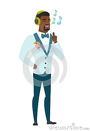 Groom listening to music in headphones. Vector Illustration