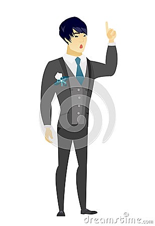 Groom with open mouth pointing finger up. Vector Illustration