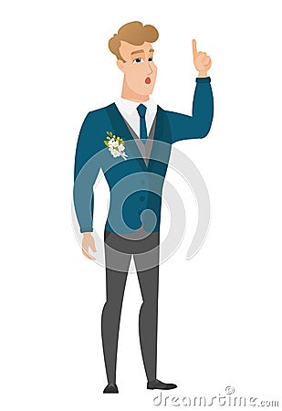 Groom with open mouth pointing finger up. Vector Illustration