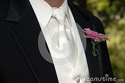 Groom's black tux and tie Stock Photo