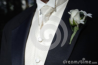 Groom's black tux and tie Stock Photo