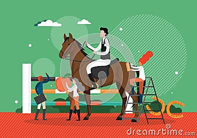 Groom, stableman feeding, cleaning thoroughbred equestrian show horse, vector illustration. Professional horse grooming. Vector Illustration