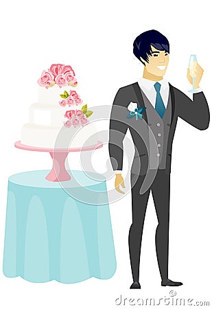 Groom standing near cake with glass of champagne. Vector Illustration