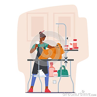 Groomer Drying Domestic Animal Hair, Pet Standing on Table in Salon. Dog Grooming Service Concept. Hairdresser Character Vector Illustration