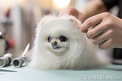 A groomer serves a white Spitz close-up Stock Photo