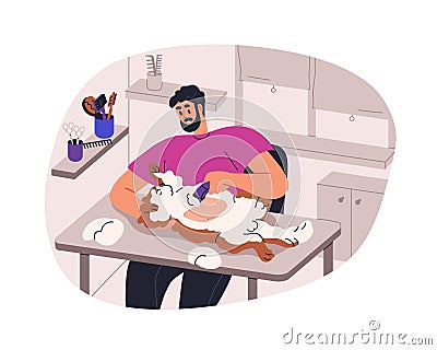 Groomer shaving cats hair, trimming feline animal in pets beauty salon. Grooming service for cute furry hairy kitty. Man Vector Illustration