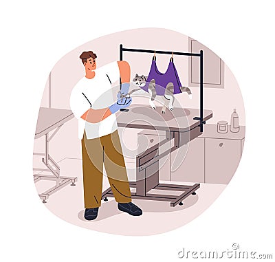 Grooming cat, cutting claws with clips. Feline hanging in hammock harness in pets beauty salon. Cute kitty during Vector Illustration
