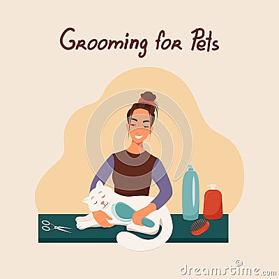 Grooming for pets, girl combs a cat, vector illustration in flat styl. Vector Illustration