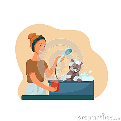 Grooming for pets, girl washes the dog, vector illustration in flat style Vector Illustration