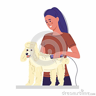 Grooming for pets, woman cuts the dog on the table Vector Illustration
