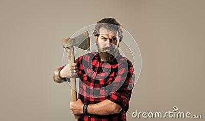 Grooming of real man. handsome hipster with axe. logger or axeman concept Stock Photo