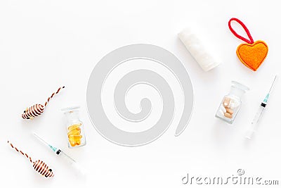 Grooming set with pets cure tools and toys on white background top view mockup Stock Photo