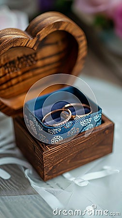 Grooms details rings in wooden box on heart shaped stand Stock Photo