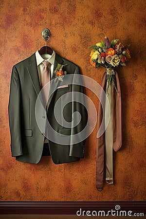 grooms suit, tie, and boutonniere hanging neatly Stock Photo