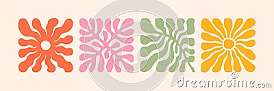 Groovy abstract flower art set. Organic doodle shapes in trendy naive retro hippie 60s 70s style. Vector Illustration