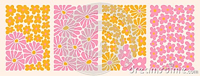 Groovy abstract flower art set. Organic doodle shapes in trendy naive retro hippie 60s 70s style. Vector Illustration