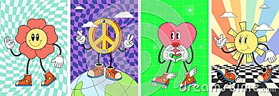 Groovy art poster set with retro characters. Sun, peace sign, flower and heart mascots on crazy vintage hippy banners Vector Illustration