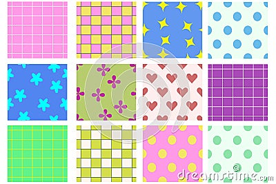 Groovy seamless patterns with funny happy daisy, wave, chess, mesh, rainbow Vector Illustration