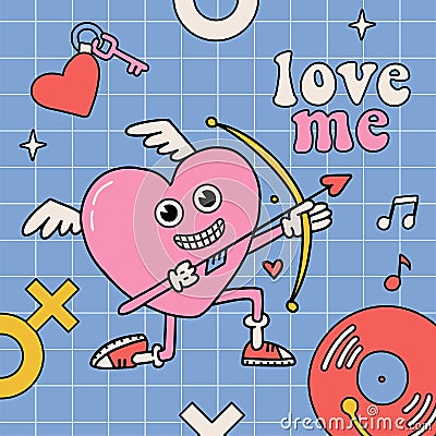 Groovy card template with Retro cartoon crazy heart character. Valentines Day poster. Psychedelic Heart cupid with bow Vector Illustration