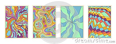 Groovy cartoon psychedelic patterns set, radial surreal rays and colorful grid texture Vector Illustration