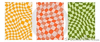 Groovy checkerboard background set. Colorful retro wavy checkered pattern collection. Vintage psychedelic distorted Vector Illustration