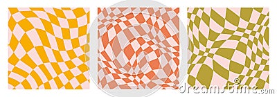 Groovy checkerboard background set. Retro wavy checkered pattern collection. Vintage psychedelic distorted gingham Vector Illustration