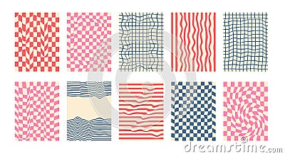 Groovy checkerboard pattern set. Psychedelic checker background pack. Trippy y2k retro vertical textures. Funky abstract poster Vector Illustration
