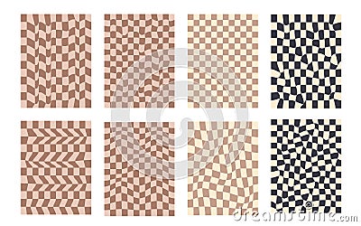 Groovy checkerboard pattern set. Psychedelic checker background pack. Trippy y2k retro vertical textures. Funky abstract poster Vector Illustration