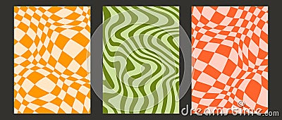 Groovy checkerboard and wave lines background set. Colorful retro waves and checkered pattern collection. Vintage Vector Illustration