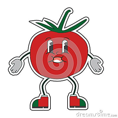 Groovy Cute Tomato Character Isolated on White Background Vector Illustration