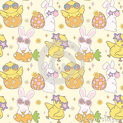 Groovy Easter Pattern Seamless retro disco bunny and chick Playful animal doodle drawing isolated on background Vector Illustration