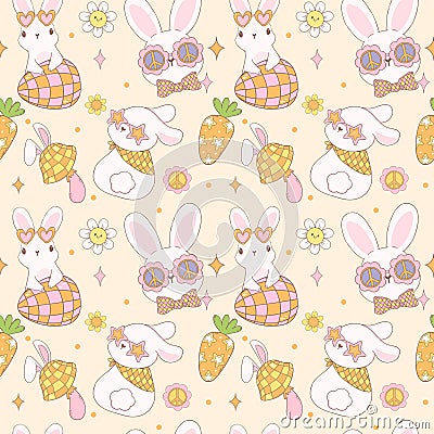 Groovy Easter Pattern Seamless retro disco bunny Playful animal doodle drawing isolated on background Vector Illustration