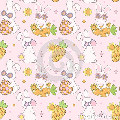 Groovy Easter Pattern Seamless retro disco bunny Playful animal doodle drawing isolated on background Vector Illustration