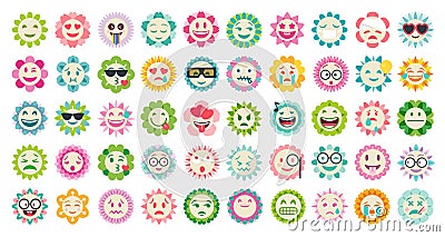 Groovy flower cartoon characters. Funny happy daisy with eyes and smile. Vector Illustration